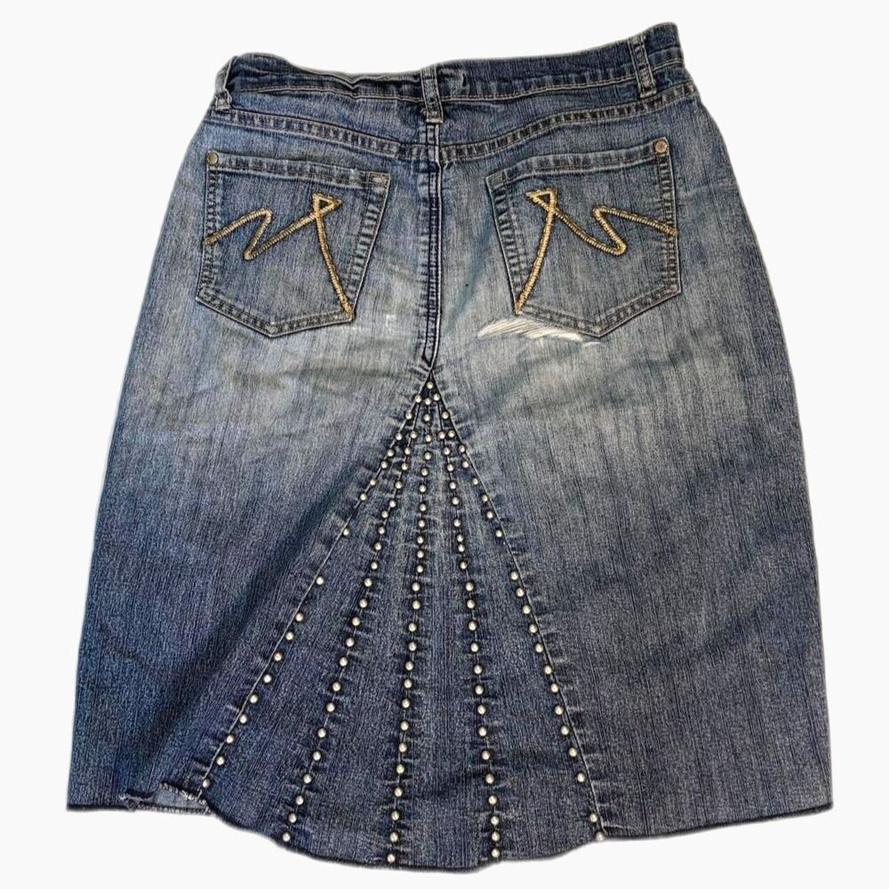 Vanilla Women's Denim Midi Skirt Distressed Studded Raw Hem 7